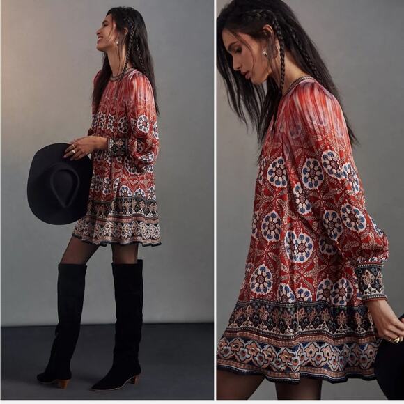 Anthropologie Red Boho Long Sleeve Mini Dress* - Picture 2 of 7
